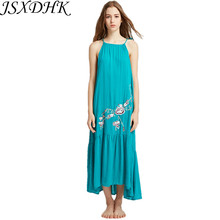 JSXDHK Sexy Green Spaghetti Strap Loose Boho Women Dress 2021 Summer Embroidery Floral Cotton Backless Long Maxi Holiday Dress 2024 - buy cheap