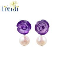 Lii Ji Natural Stone Amethyst Rose Flowers Nearround Freshwater Pearl 925 Sterling Silver 18K Gold Plated Earrings Dropshipping 2024 - buy cheap