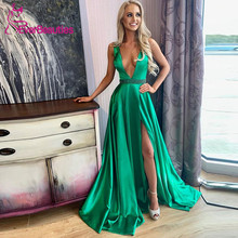 Green Evening Dresses Long 2020 Satin Beaded Belt Deep V-Neck Evening Party Dresses Sexy Side Slit Robe De Soiree Formal Dress 2024 - buy cheap