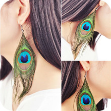 Pendientes con gancho de plumas de pavo real para mujer, aretes de fiesta bohemios, pluma larga F80 2024 - compra barato