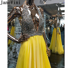 JaneVini-Vestidos de Fiesta amarillos con cristales brillantes, vestido de noche largo con cuello de pico profundo, sin espalda, Organza, para eventos y fiestas, Sexy, 2019 2024 - compra barato