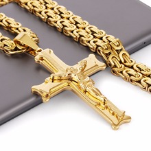 Gold Color Stainless Steel Jesus Cross Pendant Necklace 6mm Link Byzantine Chain Necklace Long Heavy Men Jewelry collares MN68 2024 - buy cheap