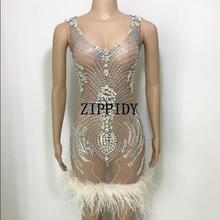 Mesh Crystals Feather Dress Women's Evening Party Perspective Luxurious Dress Prom Female Birthday Celebrate Female Singer 2024 - buy cheap