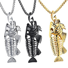 Joyería con estilo Unisex, collar de suéter, hueso de pescado, gancho de pesca, esqueleto, colgante de acero inoxidable, cadena de surfista, collar dorado y negro 2024 - compra barato