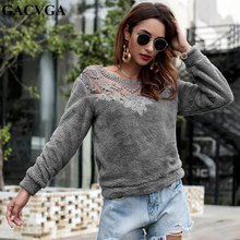 GACVGA 2019 Casual Lace Patchwork Autumn Winter Sweater Warm Velvet Women Knitted Sweater And Pullovers Full Sleeve Sweaters 2024 - buy cheap