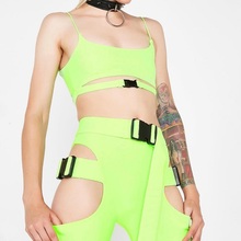 neon black white 2 piece set tank crop top and biker shorts set matching sets Summer hollow bag buckle women two piece outfits 2024 - buy cheap