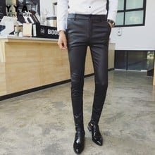 Summer Mens Pu Leather Pants Fashion Korean Skinny Pencil Pants Stretchy Office Work Casual Long Trousers Leather Biker Pants 2024 - buy cheap