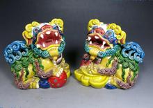 China handmade Yuanbao ball fine koji pottery Foo Dogs Lion kylin pair Statues 2024 - buy cheap