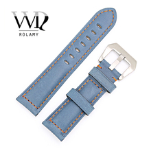 Rolamy-Correa de reloj de 22 y 24mm con hebilla plateada cepillada, correa de cuero Real azul, repuesto hecho a mano, pulsera gruesa Vintage 2024 - compra barato