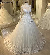 Cenicienta de lujo de cuello pico de manga larga de longitud del piso de barrido tren A-Line tul encaje vestido de bodas aplique vestido de novia 2024 - compra barato