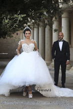 Свадебное платье с кружевной аппликацией и отвесным вырезом; Бальное платье с длинными рукавами и отстегивающимся шлейфом; Белое свадебное платье принцессы; W0006 2024 - купить недорого
