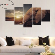 Okhotcn elefante nascer do sol imagens 5 peças pintura a óleo lona hd impresso animal paisagem cartazes para sala de estar decoração obras de arte 2024 - compre barato