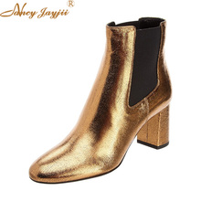 Golden ankle botas femininas de cano curto da quelsa, bloco de salto redondo, inverno, sapatos femininos, tamanho grande 15 16, de enfiar, luxuoso 2024 - compre barato