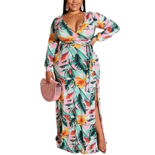 Autumn large size 5XL long women's long-sleeved dress tight belt bag hip deep V-neck hem slit sexy dress 2024 - buy cheap