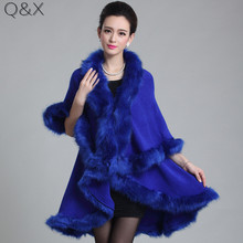 SC97 2021 Winter Warm Long 2 Layers Poncho Out Streetwear Cape Blue Cashmere Loose Cloak Women Faux Fur European Cardigan Coat 2024 - buy cheap