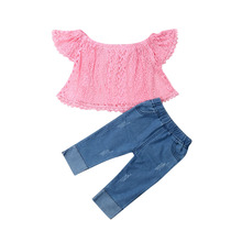 2019 nova moda infantil crianças meninas do bebê conjuntos de roupas rosa rendas manga curta camisetas tops + calças jeans 6m-4y 2024 - compre barato