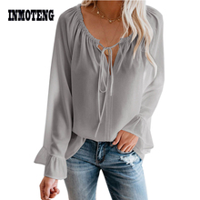 Inmoteng blusa de conto clássico, cinza/branco, nova moda, manga longa, gola slash, outono, primavera plus size, blusa casual para férias 2024 - compre barato