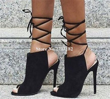 Summer New Fashion Women Peep Toe Suede Leather Stiletto Heel Gladiator Sandals Lace-up Blue Black Cut-out High Heel Sandals 2024 - buy cheap
