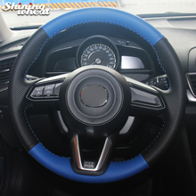 Capa de volante em couro genuíno para mazda, capa de volante em couro preto, azul brilhante para mazda 3 tamanhos 2017 e 2016 2024 - compre barato