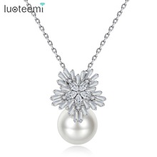 LUOTEEMI European Style Clear CZ Flower Pendant Big Imitation Pearl Necklace For Women Wedding Chain Jewelry White Color 2024 - buy cheap