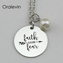 FAITH OVER FEAR Inspirational Hand Stamped Engraved Custom Round Pendant Necklace for Ladies Gift Jewelry,10Pcs/Lot, #LN2174 2024 - buy cheap