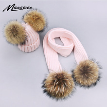 Girl Pompon Hats and Scarves Sets Winter Knitted Warm Nature Fur Pom Pom Hat Scarf Thick Beanies Hats Caps Kids Baby Solid Bones 2024 - buy cheap