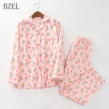 Bzel conjunto de pijamas plus size em algodão, conjunto de 2 peças de pijamas casuais para mulheres, com gola virada para baixo 2024 - compre barato