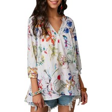 Blusa holgada informal con manga 3/4 y cuello en V para verano, camisa con estampado de botones para mujer, talla grande 5X 6Q1900 2024 - compra barato