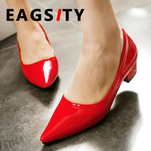 EAGSITY Patent leather pumps women block heel ladies dress shoes pointed toe dancing party shoes red 2024 - buy cheap
