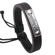 Pulsera de cuero Believe para hombres y mujeres, pulsera de cáñamo con encanto de plata, brazalete de cadena con cordón tejido, brazalete, pulsera ajustable, joyería 2024 - compra barato