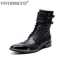 VIVODSICCO Men Fashion Boots Genuine Leather Men Rivet Shoes Mid-Calf Boots Male Low Heels Men Motorcycle Buckle Boots 2024 - buy cheap