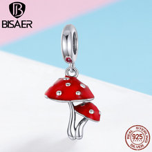 Bisaer autêntico 925 prata esterlina, floresta, cogumelo, esmalte vermelho, contas, pulseiras, colares originais, joias ecc1060 2024 - compre barato