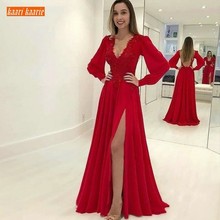 New Design 2020 Sexy Red Evening Dresses V Neck Chiffon Lace Appliqued Elegant Formal Dress Long Sleeve Evening Gowns Customized 2024 - buy cheap