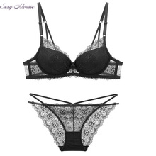 Sexy Mousse Summer Female Deep V Bra Sexy Lace Gather Bra Thick Padded Transparent Underwear Set Black 2024 - buy cheap