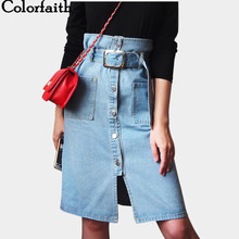 Colorfiath saia midi de cintura alta feminina, saia casual com alça botões espaguete cinto denim bolsos de outono 2019 2024 - compre barato