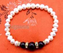 Qingmos 6-7mm pulsera redonda de perlas blancas naturales para mujeres con Rosa redonda ágata negra pulsera 7,5 "joyería Bra285 2024 - compra barato