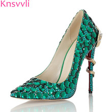 Женские туфли-лодочки со змеиным узором, на высоком каблуке, украшенные зелеными кристаллами, свадебные туфли, стразы 2024 - купить недорого