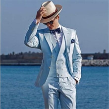 Light Blue Men Suit 3Pieces (Jacket+Pants+Vest+Tie) Slim Fit Latest Design Fashion Best Men Trajes De Hombre Blazer 668 2024 - buy cheap