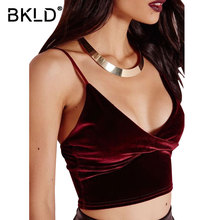 BKLD-camisetas de franela para Mujer, Crop Tops cruzados sexys, camisola con tirantes finos, camiseta sin mangas de terciopelo rojo vino 2018 2024 - compra barato