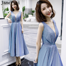 JaneVini BlingBling Long Prom Dresses 2019 Deep V Neck A Line Tea-Length Backless Satin Glitter Prom Dress Vestidos Formatura 2024 - buy cheap