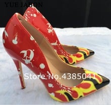 2019 new top design red flame printed lady shoes sexy mixcolor high heels multicolors women pointed toe pumps 8 10 12cm heels 2024 - buy cheap