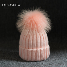 LAURASHOW-gorros de lana con pompón de piel auténtica para mujer, gorro de piel de mapache Natural, gorro de lana, gorro de invierno 2024 - compra barato