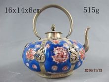 Requintado chinês velho tibetano prata phoenix borboleta embutida com bule de cerâmica azul 2024 - compre barato