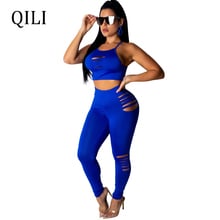 Qili-novo macacão feminino, duas peças, com buraco sólido, sexy, top curto + calças, calça fina e comprida 2024 - compre barato