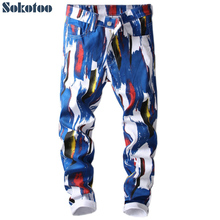 Sokotoo Men's fashion 3D pattern slim skinny printed jeans Blue white stretch denim pants 2024 - buy cheap