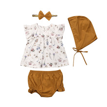 0-3years verão recém-nascido bebê menina floral roupas plissado manga shorts chapéu 4 pçs outfit 2024 - compre barato