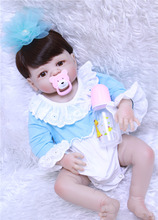 Lovely baby girl doll reborn 22" full silicone reborn dolls for children gift sky blue clothing brown hair wig bebe alive reborn 2024 - buy cheap