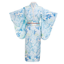 Kimono de rayón de seda Yukata con Obi floral para mujer, traje de Cosplay Vintage, color azul claro, estilo tradicional japonés, talla única 2024 - compra barato