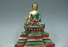 USPS to USA S2847 8" Tibet Pure Bronze 24K Gild inlay turquoise Red coral Sakyamuni Buddha Statue 2024 - buy cheap