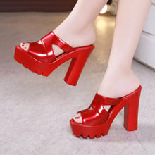 Small Size 32-43 Block High Heels Slides Summer Platform Shoes Woman 2022 Red Thick Sole Slippers for Wedding Office Model 2024 - buy cheap